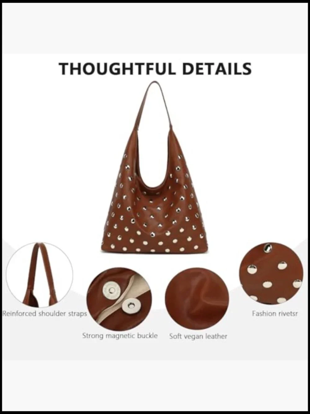 Studded Hobo Bag Vegan Leather Tote Purse Soft Slouchy Shoulder Bag
